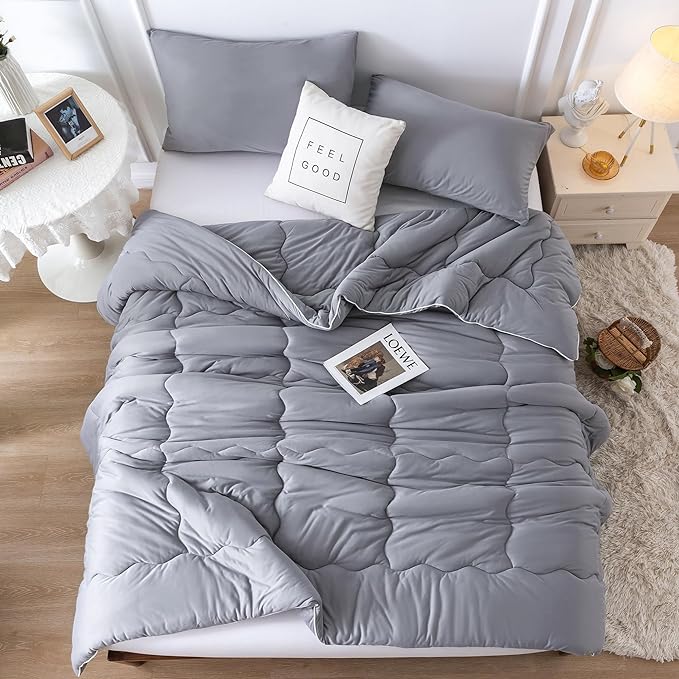 COTTEBED Ultra-Soft King Size Comforter Set, California Cal King Jersey Knit T-Shirt Feel Cozy Durable Cozy Fully Breathable Quilt Bedding Down Blanket and Pillowcase for All Season Use, Dark Gray - LeafyLoom