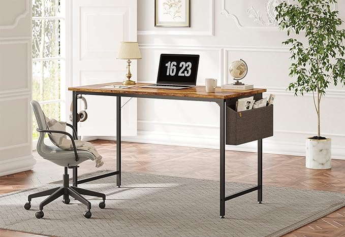 CubiCubi Study Computer Desk 47" Home Office Writing Small Desk, Modern Simple Style PC Table, Black Metal Frame, Rustic Brown - LeafyLoom