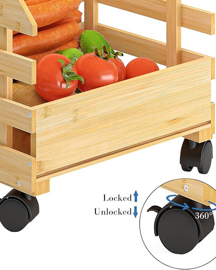 G.a HOMEFAVOR Bamboo Fruit Basket Stand, Potato and Onion Storage Cart, 3-Tier Fruit Basket with Wheels, Vegetable Storage for Kitchen Floor (Self-assembly) - LeafyLoom