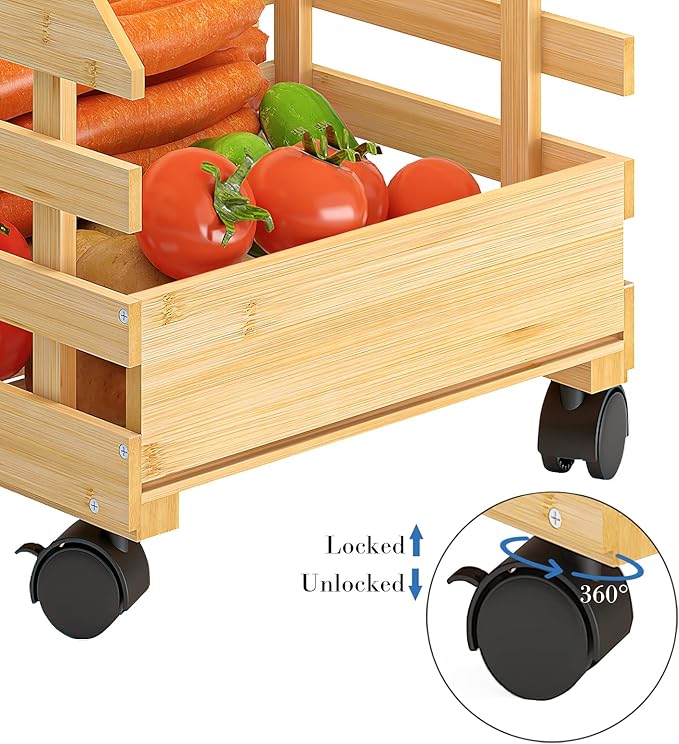 G.a HOMEFAVOR Bamboo Fruit Basket Stand, Potato and Onion Storage Cart, 3-Tier Fruit Basket with Wheels, Vegetable Storage for Kitchen Floor (Self-assembly) - LeafyLoom