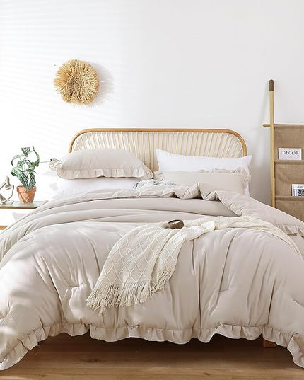 JANZAA Queen Size Comforter Beige Ruffle Comforter Set for Queen Bed 3PCS (1 Off White Comforter and 2 Pillowcases) Vintage Shabby Chic Bedding Soft Fluffy Bed Set for All Season - LeafyLoom