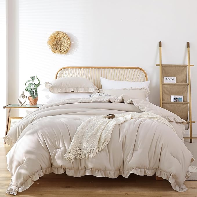 JANZAA Queen Size Comforter Beige Ruffle Comforter Set for Queen Bed 3PCS (1 Off White Comforter and 2 Pillowcases) Vintage Shabby Chic Bedding Soft Fluffy Bed Set for All Season - LeafyLoom