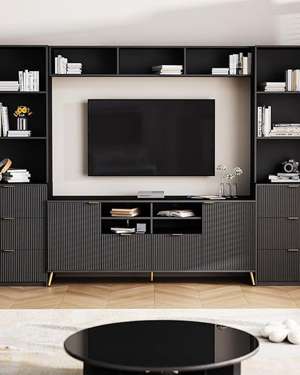 113Inch Entertainment Wall Unit with Bridge, Stand Media Console Table for TVs Up to 70" with 13 Shelves,8 Drawers and 2 Cabinets for Living Room, Black - LeafyLoom