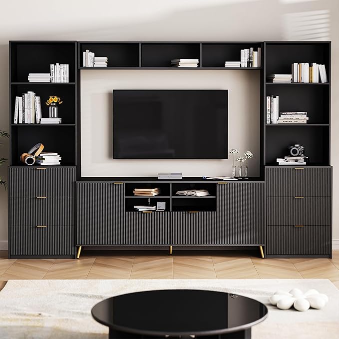113Inch Entertainment Wall Unit with Bridge, Stand Media Console Table for TVs Up to 70" with 13 Shelves,8 Drawers and 2 Cabinets for Living Room, Black - LeafyLoom