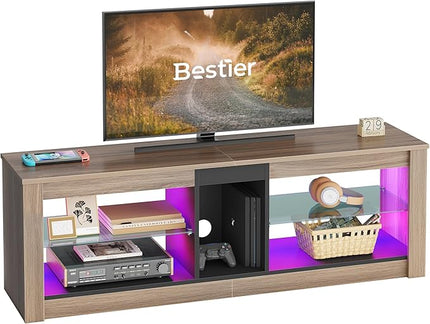 Bestier 55 Inch TV Stand with LED light, Adjustable Glass Shelves, 22 Dynamic RGB Colors, P2 Particle Board, for Entertainment Center, Living Room, Gaming Room, and Bedroom, Pinewood - LeafyLoom