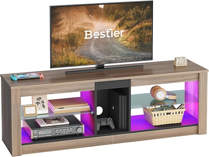 Bestier 55 Inch TV Stand with LED light, Adjustable Glass Shelves, 22 Dynamic RGB Colors, P2 Particle Board, for Entertainment Center, Living Room, Gaming Room, and Bedroom, Pinewood - LeafyLoom