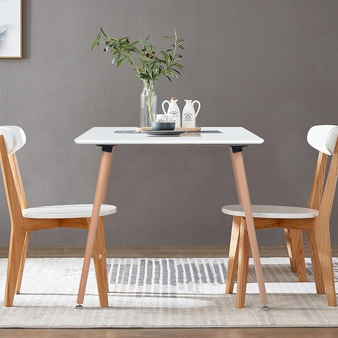 Square Dining Table 31.5 Inch for 2-4 People, Modern Functional White Table with Wooden Legs for Home Office Kitchen Dining Room Patio Small Spaces - LeafyLoom