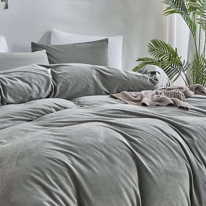 Wellboo Grey Comforter Sets King Women Men Gray Fluffy Bedding Comforters Solid Dark Grey Velvet Aesthetic Quilts Soft Warm Winter Plush Grey Blankets Plain Gray Flannel Thick Bed Sherpa Bed King Size - LeafyLoom