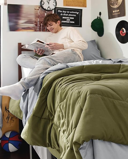 Bedsure Olive Green Twin Comforter Set - 5 Pieces Reversible Twin Bed in a Bag, Extra Long Twin Bed Set with Comforters, Sheets, Pillowcase & Sham, Twin Bedding Sets for College - LeafyLoom