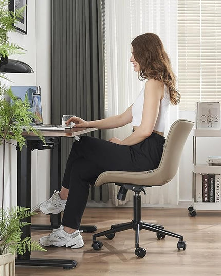 YOUTASTE Office Chair Armless Desk Chair Small Computer Swivel Rolling Chair with Wheels, Modern Upholstered PU Leather Task Chair, Adjustable Home Office Desk Chairs for Computer, Khaki - LeafyLoom