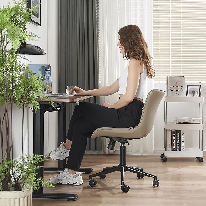 YOUTASTE Office Chair Armless Desk Chair Small Computer Swivel Rolling Chair with Wheels, Modern Upholstered PU Leather Task Chair, Adjustable Home Office Desk Chairs for Computer, Khaki - LeafyLoom