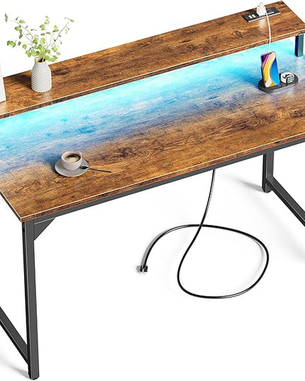 SUPERJARE 47 inch Computer Desk with LED Lights & Power Outlets, Home Office Desk with Monitor Shelf, Small Desk for Home & Office, Rustic Brown - LeafyLoom