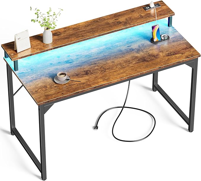 SUPERJARE 47 inch Computer Desk with LED Lights & Power Outlets, Home Office Desk with Monitor Shelf, Small Desk for Home & Office, Rustic Brown - LeafyLoom