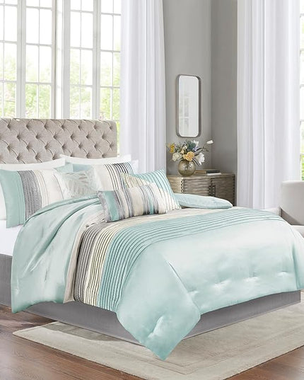 Madison Park Amherst Faux Silk Comforter Set-Casual Contemporary Design All Season Down Alternative Bedding, Matching Shams, Bedskirt, Decorative Pillows, King(104"x92"), Aqua, 7 Piece (MP10-2980) - LeafyLoom