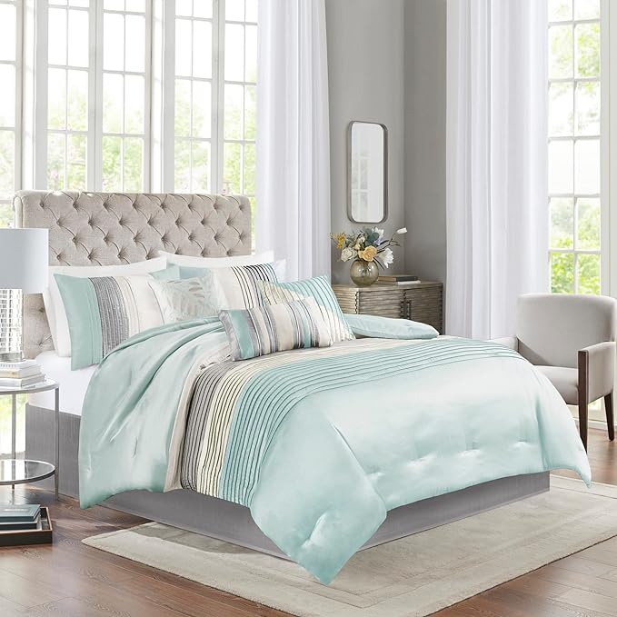 Madison Park Amherst Faux Silk Comforter Set-Casual Contemporary Design All Season Down Alternative Bedding, Matching Shams, Bedskirt, Decorative Pillows, King(104"x92"), Aqua, 7 Piece (MP10-2980) - LeafyLoom