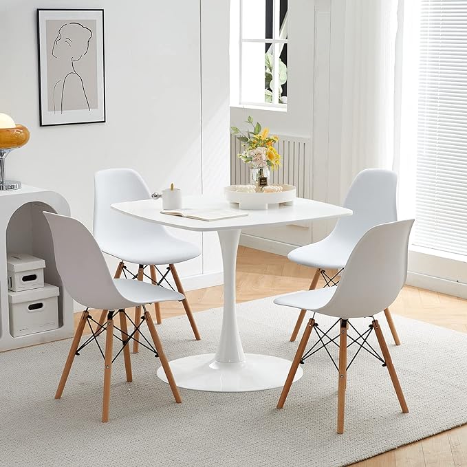 31.5 in White Square Pedestal Tulip Dining Table, Small Space Mid Century Modern Kitchen Table - LeafyLoom