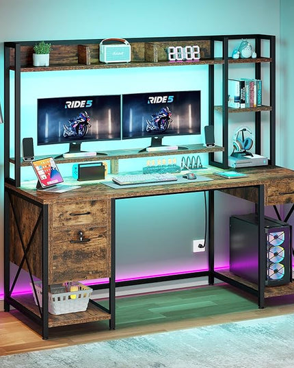 YITAHOME Computer Desk with Drawers & Power Outlets, File Drawers with Lock, 59" Home Office Desk with Storage Shelves & Monitor Stand, Gaming Desk with LED Lights & Hutch, Rustic Brown - LeafyLoom