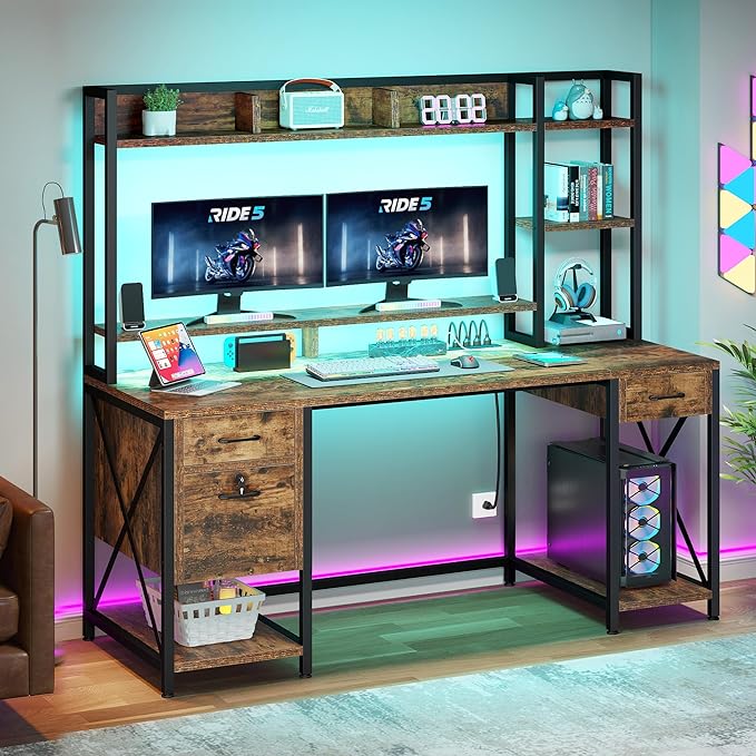 YITAHOME Computer Desk with Drawers & Power Outlets, File Drawers with Lock, 59" Home Office Desk with Storage Shelves & Monitor Stand, Gaming Desk with LED Lights & Hutch, Rustic Brown - LeafyLoom