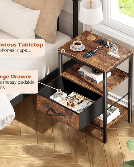 SUPERJARE Nightstand Set of 2, Bed Side Tables with Charging Station, Adjustable Fabric Drawer, Night Stand for Bedroom, 3-Tier Storage End Tables, for Living Room, Rustic Brown - LeafyLoom