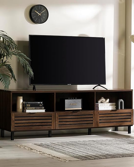 Walker Edison Modern Slatted Wood TV Stand for TV's up to 80" Universal TV Stand for Flat Screen Living Room Storage Cabinets and Shelves Entertainment Center, 70 Inch, Dark Walnut - LeafyLoom