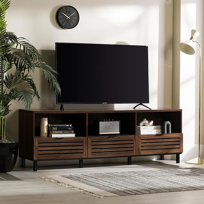 Walker Edison Modern Slatted Wood TV Stand for TV's up to 80" Universal TV Stand for Flat Screen Living Room Storage Cabinets and Shelves Entertainment Center, 70 Inch, Dark Walnut - LeafyLoom