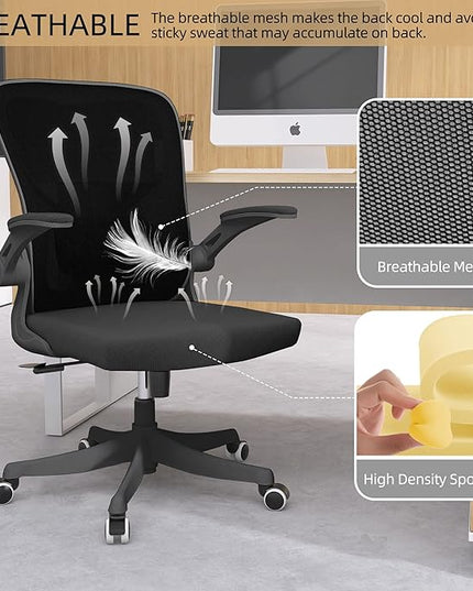 Office Chair, Ergonomic Office Chair Desk Chair with Lumbar Support & 2D Flip-up Arms Height Adjustable Home Office Desk Chairs Rockable High Back Computer Chair Black Mesh Study Chair - LeafyLoom