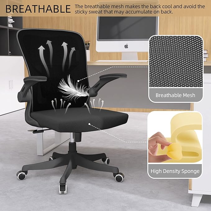 Office Chair, Ergonomic Office Chair Desk Chair with Lumbar Support & 2D Flip-up Arms Height Adjustable Home Office Desk Chairs Rockable High Back Computer Chair Black Mesh Study Chair - LeafyLoom