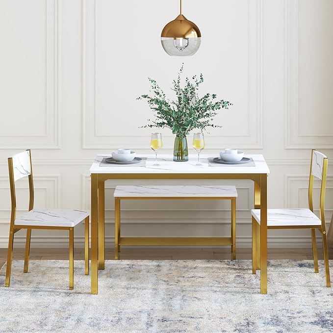 sogesfurniture Modern 4-Piece Kitchen Dining Table Set with 1 Bench and 2 Chairs, Kitchen Bench Table Set for 4, Wooden Kitchen Table and Chairs for Limited Space,Gold - LeafyLoom