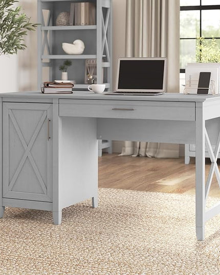 Bush Furniture Key West Computer Desk with Storage | Farmhouse PC Table for Home Office, 54W, Cape Cod Gray - LeafyLoom