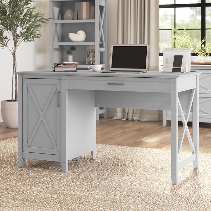 Bush Furniture Key West Computer Desk with Storage | Farmhouse PC Table for Home Office, 54W, Cape Cod Gray - LeafyLoom
