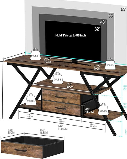 Modern 55" TV Stand with Power Outlet for TV up to 65 Inch, LED and 2 Storage Fabric Drawers, Entertainment Center with Charging Station for Living Room Bedroom (Rustic Brown) - LeafyLoom