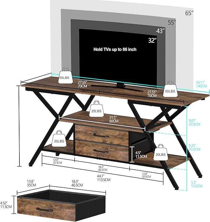 Modern 55" TV Stand with Power Outlet for TV up to 65 Inch, LED and 2 Storage Fabric Drawers, Entertainment Center with Charging Station for Living Room Bedroom (Rustic Brown) - LeafyLoom