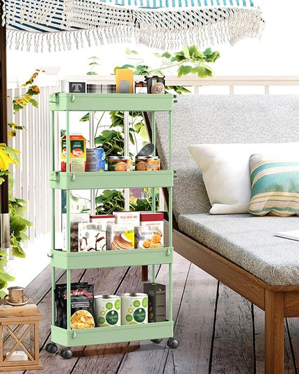 SPACEKEEPER Slim Rolling Storage Cart 4 Tier Bathroom Organizer Utility Cart Mobile Shelving Unit Tower Rack for Kitchen, Laundry Room, Bathroom, Narrow Places, Green - LeafyLoom