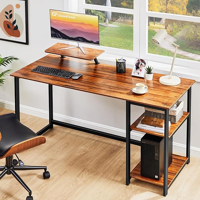 GreenForest Computer Desk with Monitor Stand,47 inch Home Office Desk with Reversible Storage Shelves Modern Writing Study Work Table,Easy Assembly,Walnut - LeafyLoom