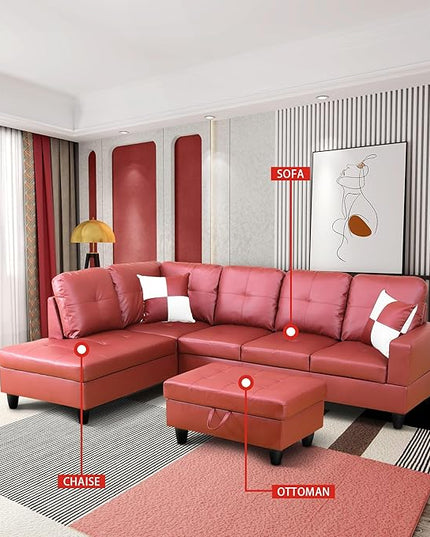 ROOMTEC Button L Shape 3 Piece Sectional Sofa Set, Upholstered Corner Couch with Storage Ottoman, Faux Leather Tufted Cushions, for Living Room, Apartment, Red, 103inch, Pink w/Left Chaise Lounge - LeafyLoom