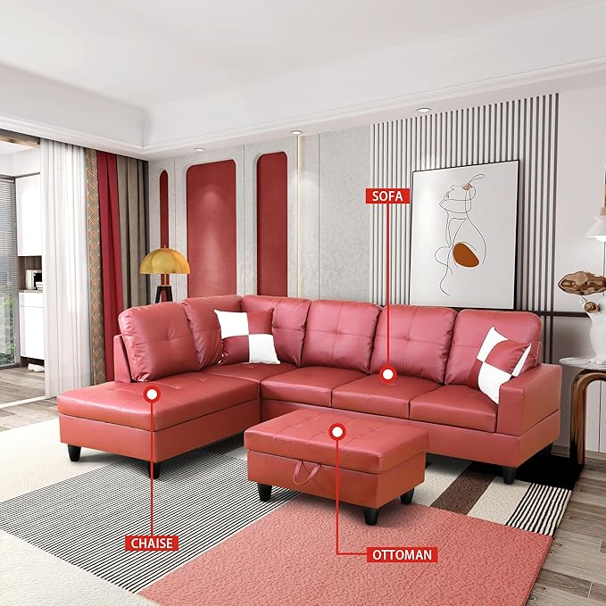 ROOMTEC Button L Shape 3 Piece Sectional Sofa Set, Upholstered Corner Couch with Storage Ottoman, Faux Leather Tufted Cushions, for Living Room, Apartment, Red, 103inch, Pink w/Left Chaise Lounge - LeafyLoom