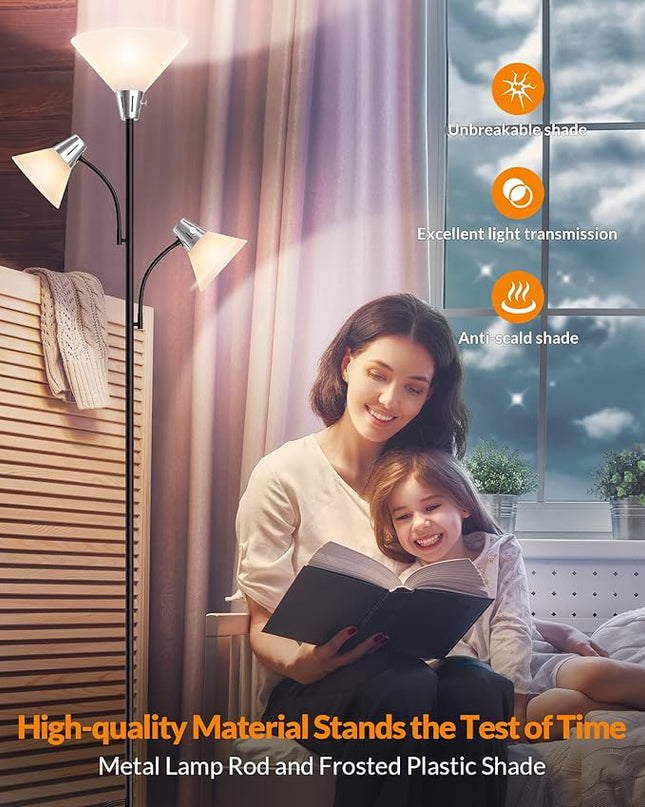 LEPOWER Floor Lamp, Standing Lamp with Replaceable 3000K Energy-Saving LED Bulbs,9W Lamp for Living Room with 5W Adjustable Reading Lights, Modern Bright Floor Lamp for Bedroom, Living Room, Office - LeafyLoom