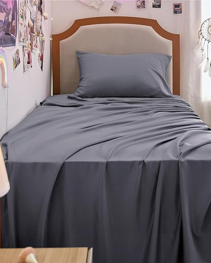 Bedsure Twin XL Sheet Set Dorm Bedding, Cooling Sheets Twin Extra Long Sheets, Rayon Derived from Bamboo, Deep Pocket Up to 16", Hotel Luxury Silky Bedding Sheets & Pillowcases, Dark Grey - LeafyLoom