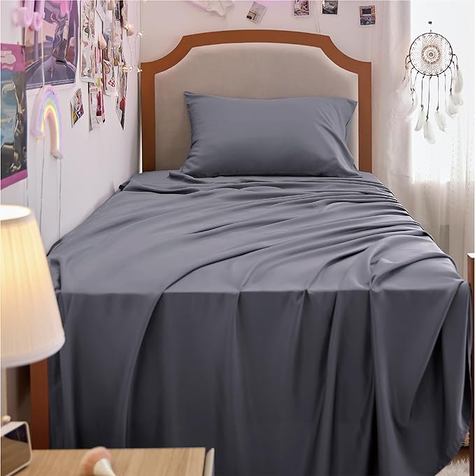 Bedsure Twin XL Sheet Set Dorm Bedding, Cooling Sheets Twin Extra Long Sheets, Rayon Derived from Bamboo, Deep Pocket Up to 16", Hotel Luxury Silky Bedding Sheets & Pillowcases, Dark Grey - LeafyLoom