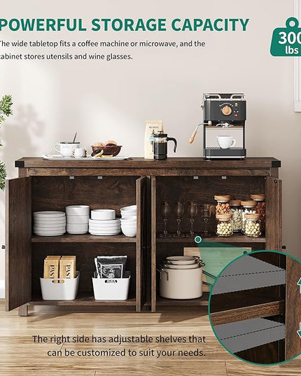 YITAHOME 55'' Sideboard Buffet Cabinet with Storage with 4 Doors, Farmhouse Large Kitchen Storage Cabinet, Wood Coffee Bar Cabinet with Barn Doors ＆ Adjustable Shelf for Kitchen, Living Room, Brown - LeafyLoom