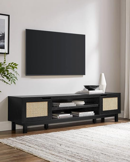 Walker Edison Destin Modern Minimal Rattan-Door Stand for TVs up to 80 Inches, 70 Inch, Black - LeafyLoom