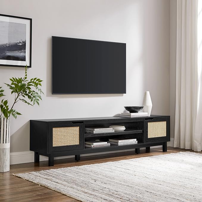 Walker Edison Destin Modern Minimal Rattan-Door Stand for TVs up to 80 Inches, 70 Inch, Black - LeafyLoom