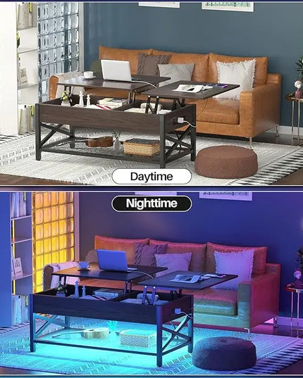 Aheaplus Coffee Table, Lift Top Coffee Table with LED light and Power Outlet, Modern Lift-Top Table with Storage Shelf, Center Table for Living Room with Lift Tabletop, X Support Metal Frame, Espresso - LeafyLoom