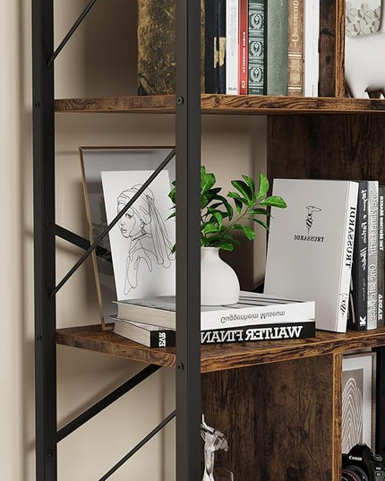 5 Tier Bookshelf with Storage, 61 Inch Tall Industrial Book Shelf with Open Display Bookshelves, 5 Shelf Bookcase with Metal Frame for Living Room, Bedroom and Home Office-Rustic Brown - LeafyLoom