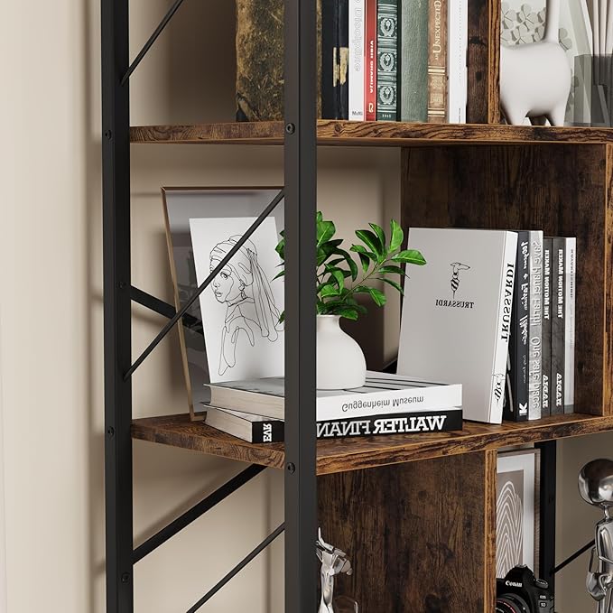 5 Tier Bookshelf with Storage, 61 Inch Tall Industrial Book Shelf with Open Display Bookshelves, 5 Shelf Bookcase with Metal Frame for Living Room, Bedroom and Home Office-Rustic Brown - LeafyLoom