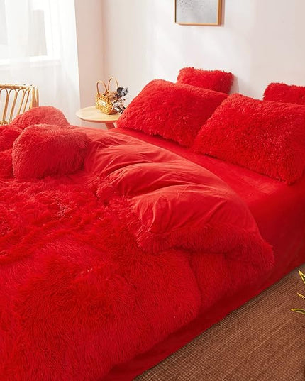 Fluffy Red comforters Cover twin size - Ultra Soft Plush red bedding Sets 2 Pieces (1 faux fur comforter Cover + 1 fuzzy pillow case) girls shaggy red twin bed set (Red, Twin) - LeafyLoom