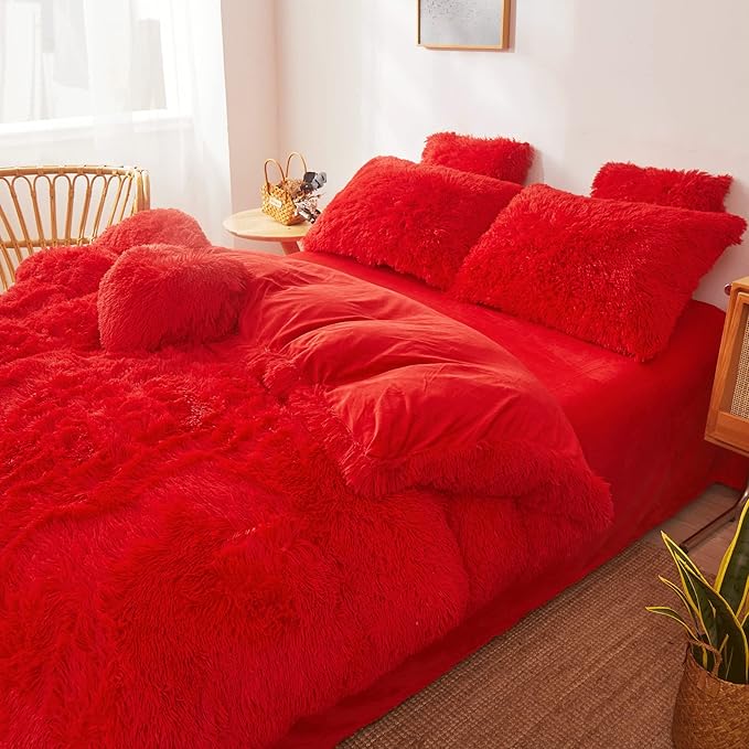 Fluffy Red comforters Cover twin size - Ultra Soft Plush red bedding Sets 2 Pieces (1 faux fur comforter Cover + 1 fuzzy pillow case) girls shaggy red twin bed set (Red, Twin) - LeafyLoom