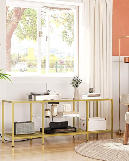 HOOBRO TV Stand with LED Lights and Power Outlets for TVs up to 65", Modern 55 Inch Tempered Glass TV Console Table with Open Shelves, Media Entertainment Center for Living Room, Gold GD145UDS01 - LeafyLoom