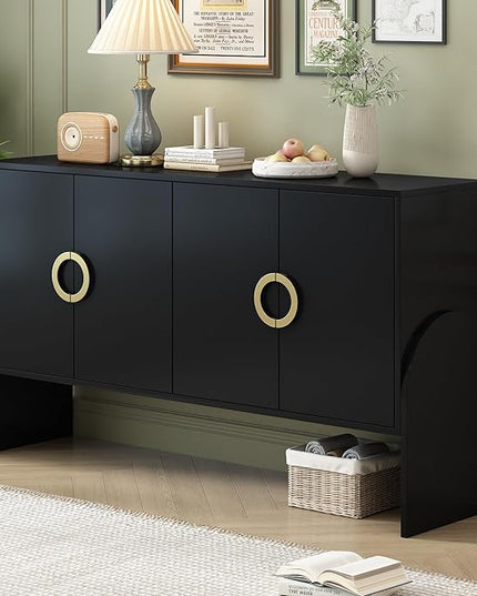61" Storage Cabinet Sideboard with Four-Door Metal Handle & Adjustable Partitions,Wooden Console Table,w/Curved Legs and Ample Space Desktop,for Living Room,Black - LeafyLoom