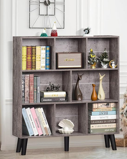 LEYAOYAO 8 Cube Bookshelf,Farmhouse Bookcase with Legs,Modern Dirty Grey Mid-Century Bookshelves,Large 3 Tier Open Storage Organizer Shelf, Retro Wood Display Book Case - LeafyLoom